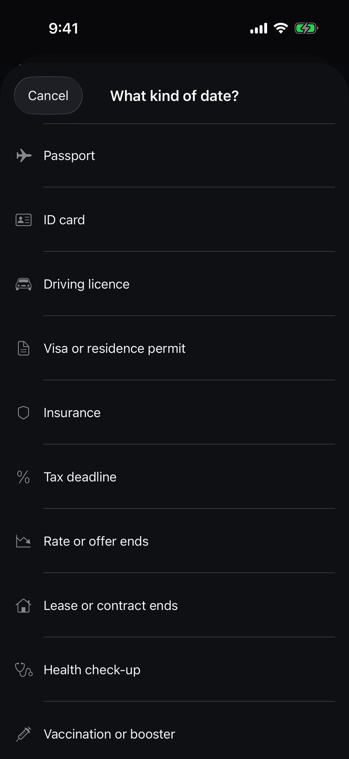 The kinds of important dates: passport, ID card, driving licence, visa, insurance, tax and more.